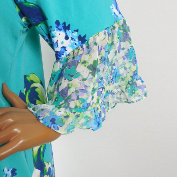 SUSAN GRAVER Top 1X Floral Blouse Stretch Green/Blue Print Chiffon Flared Sleeve - Picture 5 of 13